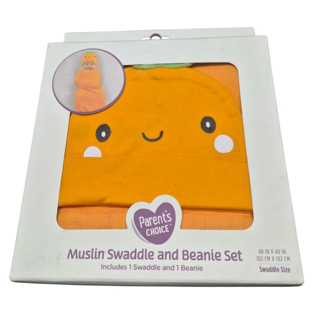 Swaddle and Beanie Set Orange Muslin 100 Cotton 40"x40" Parents Choice (T106)